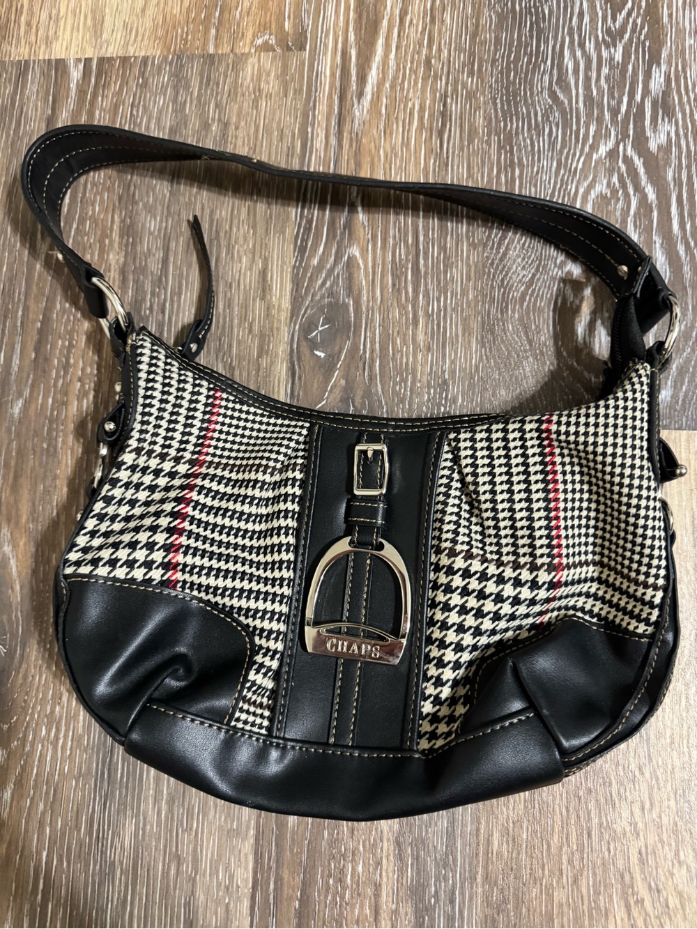 Chaps Black and Cream Houndstooth Shoulder Bag with Red Accents